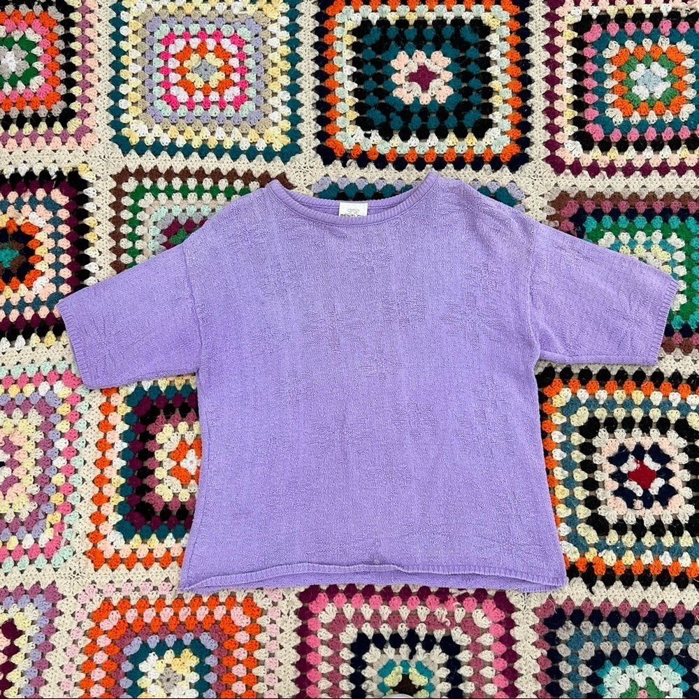Vintage Bentley lavender knit short sleeve top with floral pattern